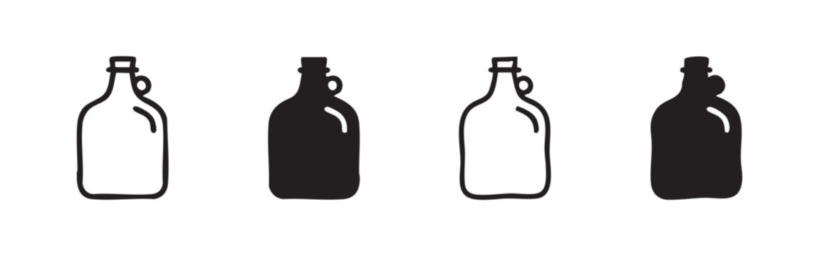 Glass jug or bottle icons set. Beverage container for juice, milk, or water in various styles.