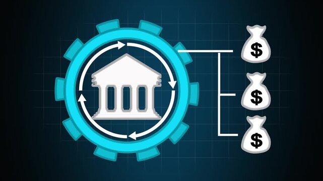 Banking finance animation with gear and money bags. Banking finance digital money system. Banking finance technology graphic on black background.