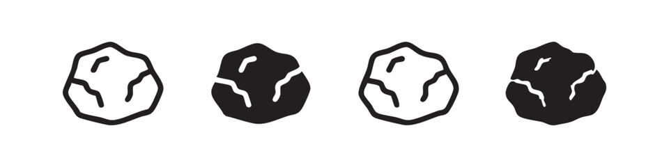 Chipped or cracked stone icon set, black outline and solid silhouette. Irregular rock or gem shapes. © liubomir118809