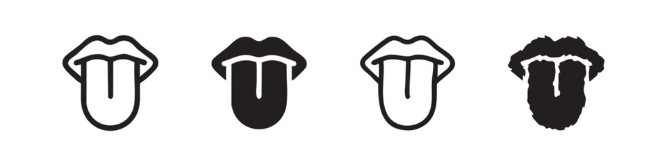 Tongue out of mouth icon set, black outline and solid silhouette. Expressive rock and roll or playful symbol.
