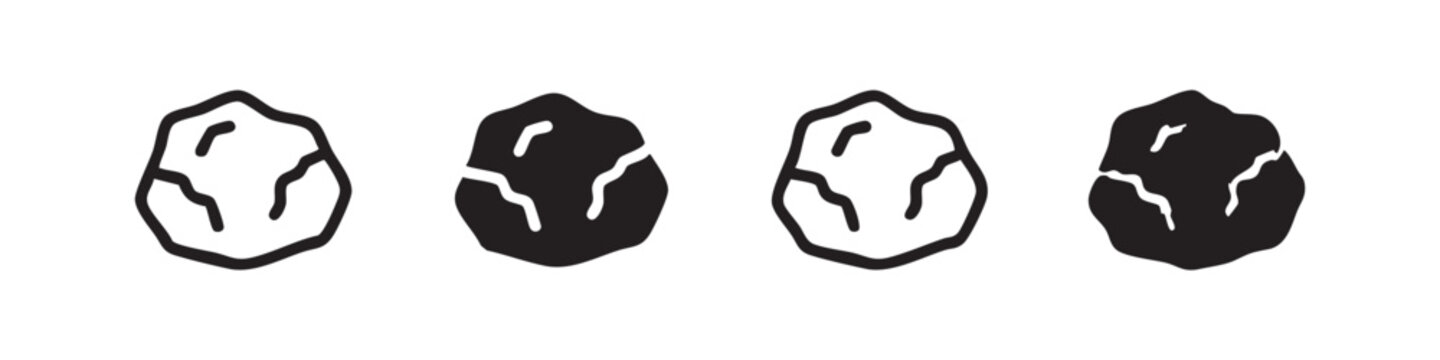 Chipped or cracked stone icon set, black outline and solid silhouette. Irregular rock or gem shapes.