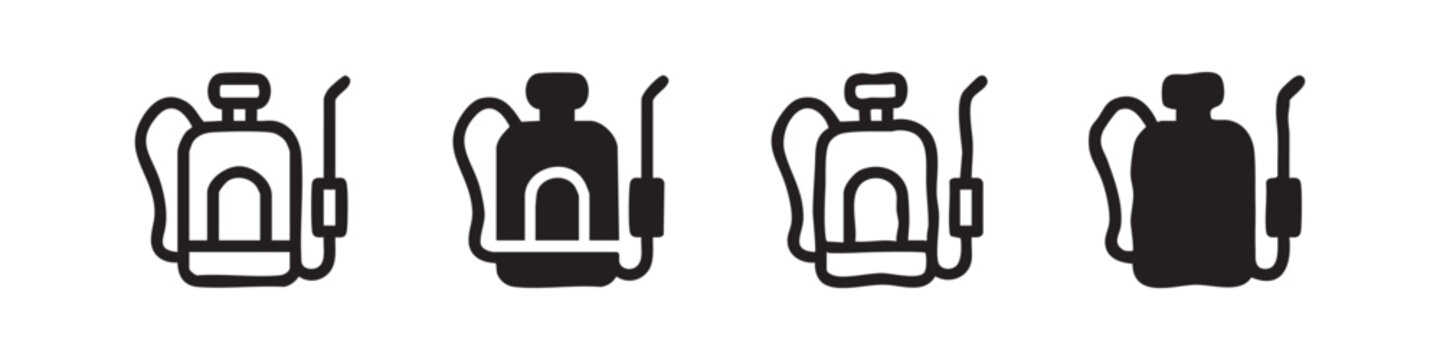 Garden or backpack sprayer icon set, black outline and solid silhouette. Agricultural pest control equipment.