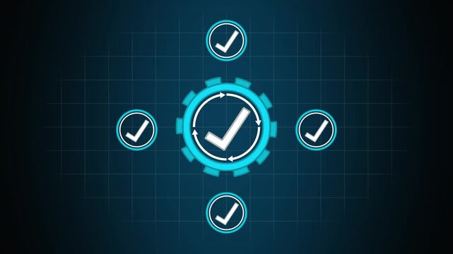 Gear icon animation with surrounding check marks. Gear icon circular arrow refresh. Gear icon technical verification graphic on black background.