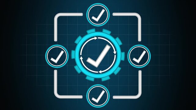 Gear icon animation with check mark connections. Gear icon technical process diagram. Gear icon digital verification graphic on black background.
