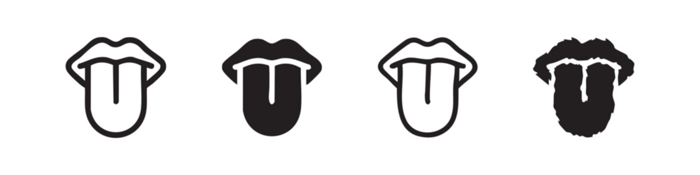 Tongue out of mouth icon set, black outline and solid silhouette. Expressive rock and roll or playful symbol.