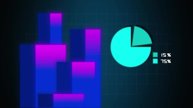 Bar graph animation with cyan pie chart icons. Bar graph business data statistics. Bar graph digital analytics graphic on black background.