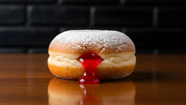 jelly filled doughnut on wooden table