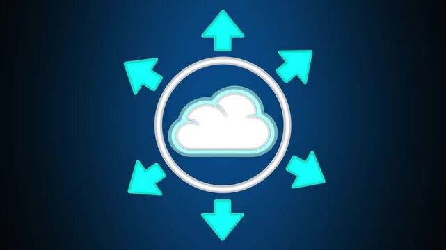 Cloud icon animation with blue outward arrows. Cloud icon digital data storage symbol. Cloud icon technology graphic on blue background.