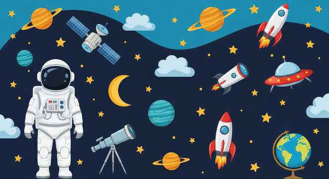 an astronaut in space with planets and rockets