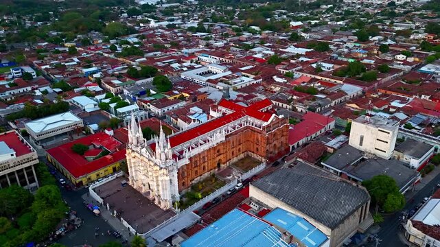 Timelapse view of Catedral de Nuestra Se&ntilde;ora de Santa Ana in Santa Ana, El Salvador. Overhead perspective reveals the cathedral&rsquo;s iconic cross-shaped layout as locals and tourists enter and exit