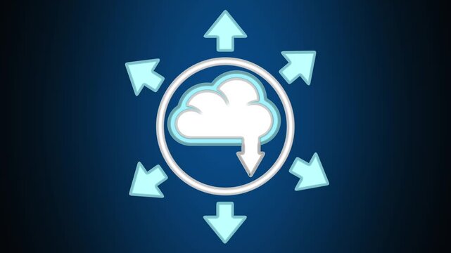 Cloud icon animation with download arrows. Cloud icon digital data transfer symbol. Cloud icon technology graphic on blue background.