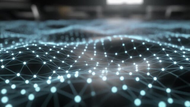 Computer‑generated visualization of glowing cyan nodes connected by luminous lines forming a dynamic undulating grid, symbolizing neural networks, data connectivity, and digital communication systems.