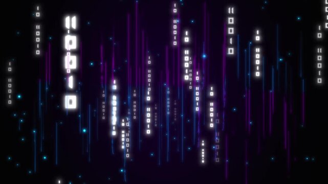 Binary code animation with neon light rain. Binary code digital data flow pattern. Binary code technology graphic on black background.