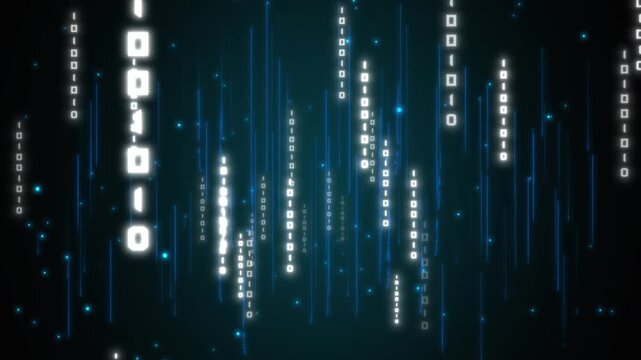 Binary code animation with blue neon streaks. Binary code digital data flow pattern. Binary code technology graphic on black background.