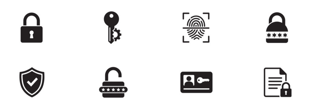 Data Security and Privacy Access Icon Set. Padlock, Biometric Fingerprint, and Password Symbols. Vector Illustration.