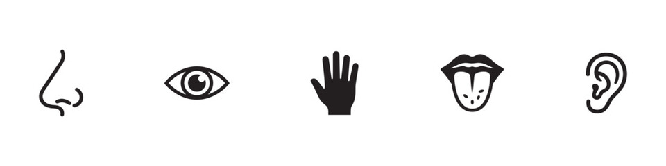 Obraz premium Five Human Senses Icon Set. Vision, Hearing, Smell, Taste, and Touch Symbols. Vector Illustration.