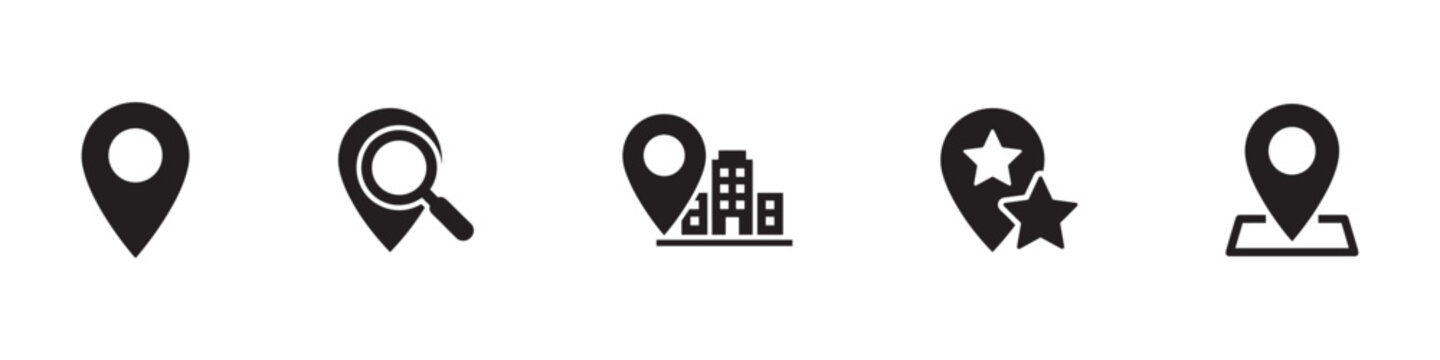 Map Pin and Location Marker Icon Set. Search, Favorite, Building, and Navigation Symbols. Vector Illustration.