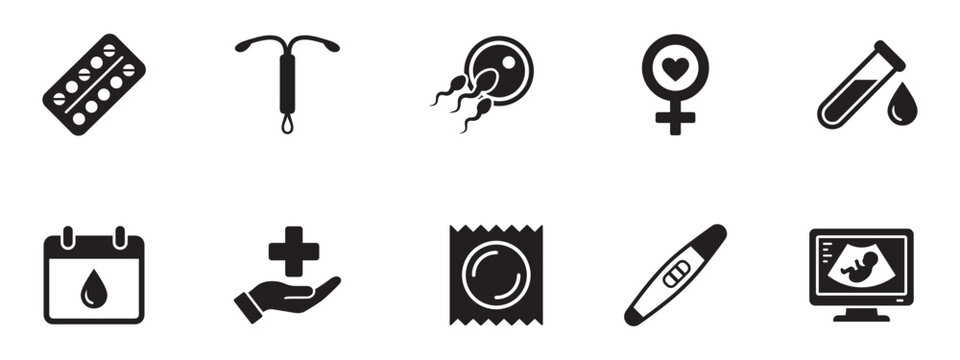 Reproductive Health and Contraception Icon Set. Birth Control, Pregnancy Test, and Medical Symbols. Vector Illustration.