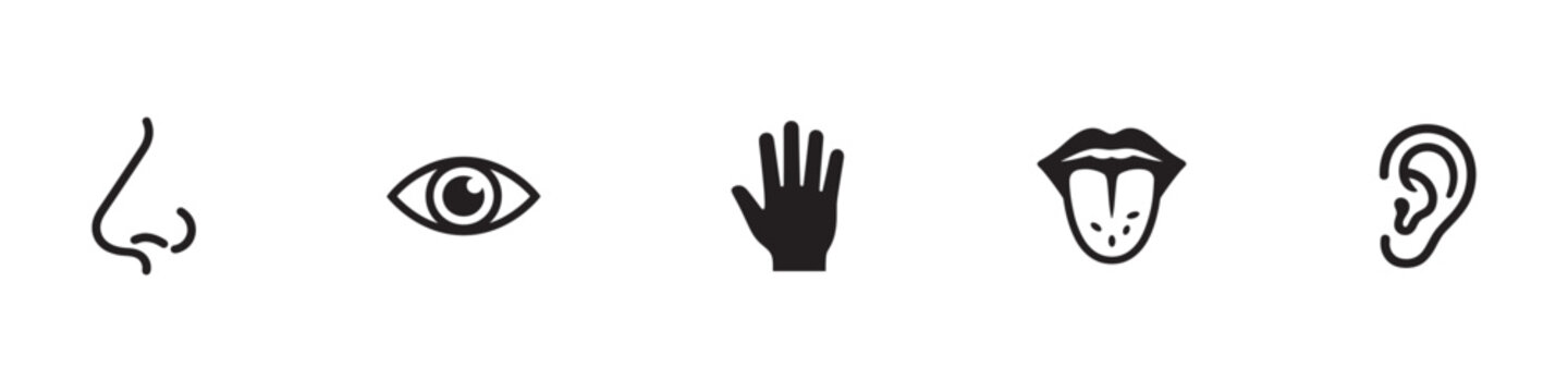 Five Human Senses Icon Set. Vision, Hearing, Smell, Taste, and Touch Symbols. Vector Illustration.