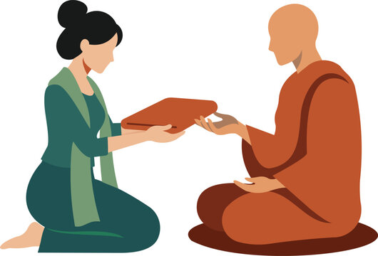Burmese woman offering yellow robe to Buddhist monk in modern flat vector illustration style