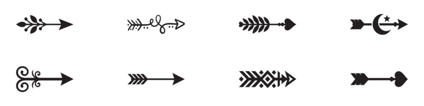 Decorative Tribal and Boho Arrow Icon Set. Feathered, Floral, and Heart Ornament Symbols. Vector Illustration.