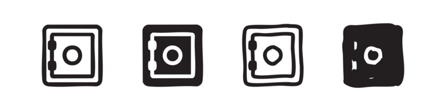 Safe box or security vault icon set for protection and financial safety, isolated on white background. Doodle and clean variations.