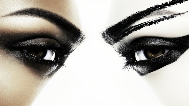 Dramatic Eye Makeup: A striking close-up showcases bold, avant-garde black eyeshadow, enhanced by false eyelashes and intense brow definition.
