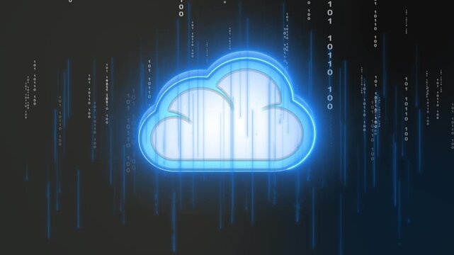Cloud icon animation with digital data streams. Cloud icon technology and computing. Cloud icon digital network graphic on black background.
