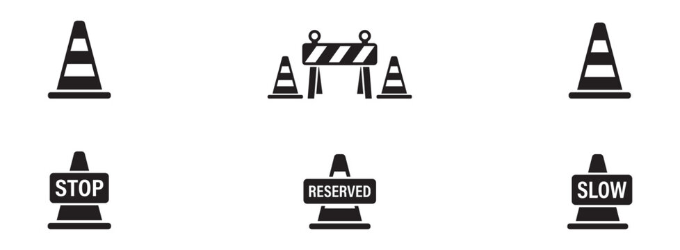 Traffic Cones and Road Safety Barrier Icon Set. Stop, Slow, and Reserved Construction Signs. Vector Illustration.