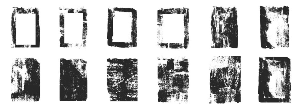  Grunge rolled ink stamp texture frame set. Noice distress vintage craft paint splatter borders. Rectangle vertical backgrounds. Linocut relief printing 