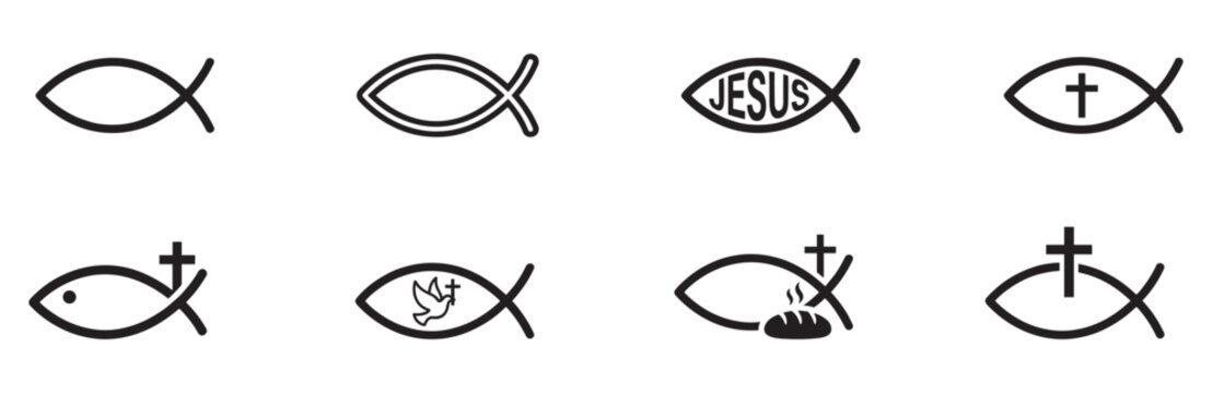 Christian Fish Icon Set. Religious Symbols with Cross, Dove and Jesus Text. Vector Illustration.