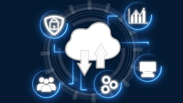 Cloud icon animation with security and data icons. Cloud icon digital network storage. Cloud icon technology graphic on black background.