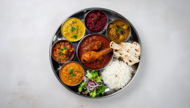 Overhead shot of a traditional Indian thali platter with chicken, rice, diverse curries, and flatbread.