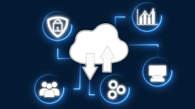 Cloud icon animation with upload and download arrows. Cloud icon digital data transfer. Cloud icon technology graphic on black background.