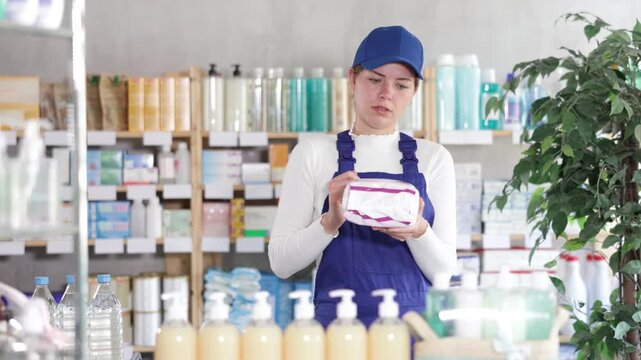 Laborer woman are busy choosing feminine pads at pharmacy, compare price and manufacturer brand. Client finds out expired date information