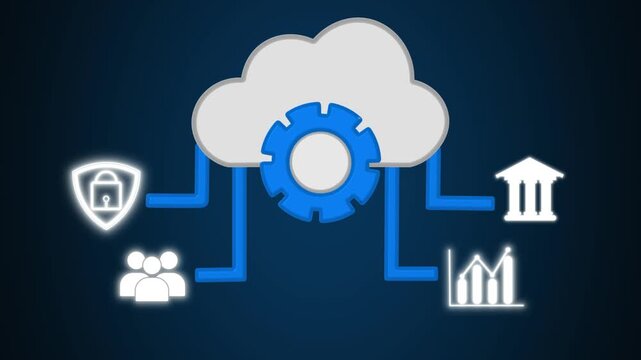 Cloud icon animation with gear and service icons. Cloud icon digital data storage. Cloud icon technology graphic on black background.