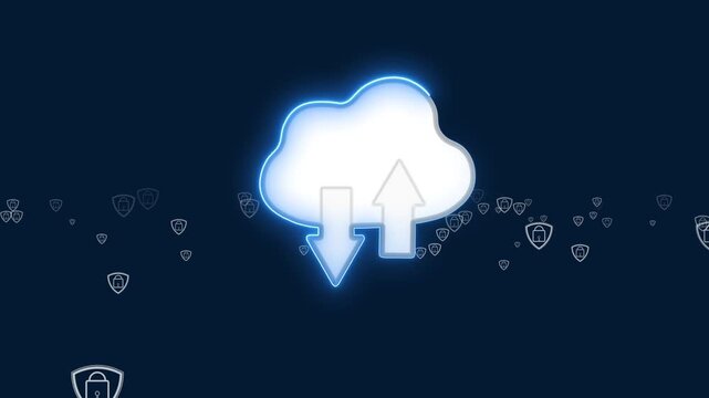 Cloud icon animation with cybersecurity icons. Cloud icon digital data protection. Cloud icon technology graphic on black background.