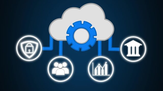 Cloud icon animation with security and finance icons. Cloud icon digital data network. Cloud icon technology graphic on black background.