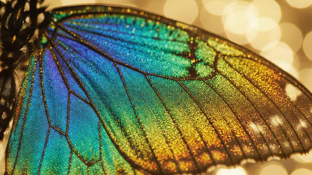 Spectacular 4k extreme macro shot of iridescent butterfly wings, bathed in soft golden studio glow, revealing stunning microscopic scales, conveying delicate natural luxury and