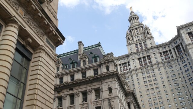 New York City Downtown Civic Center, United States of America. Manhattan municipal building 1914, old historic architecture. Government administration authority. Low angle view from Chambers street.