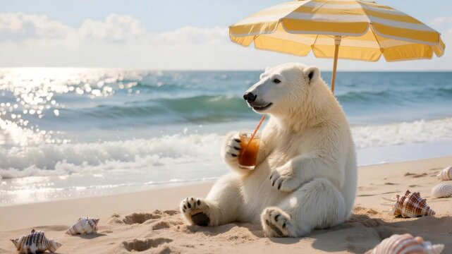 Polar bear relaxing on sandy beach under umbrella drinking cocktail by sea, humorous summer vacation concept with surreal animal scene