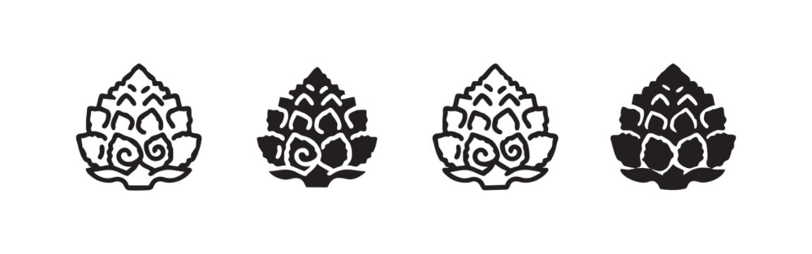 Pine Cone and Hop Plant Vector Icon Set in Outline and Solid Fill Styles, featuring Minimalist and Hand-Drawn Variations