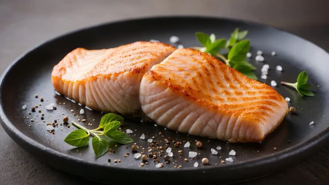 Grilled salmon fillet on black plate with herbs and spices, gourmet healthy seafood dish with golden crust and elegant presentation
