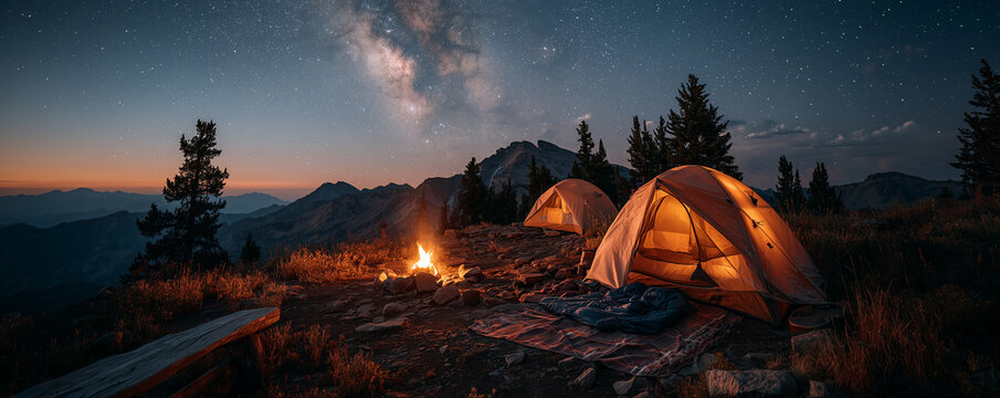  glowing tents at high altitude mountain base camp under a starry night sky