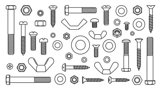 Collection of various screws, bolts, nuts, and fasteners in a grayscale flat lay against a white background.