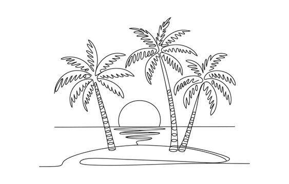 Palm tree sunset continuous one line art minimal outline vector icon.
