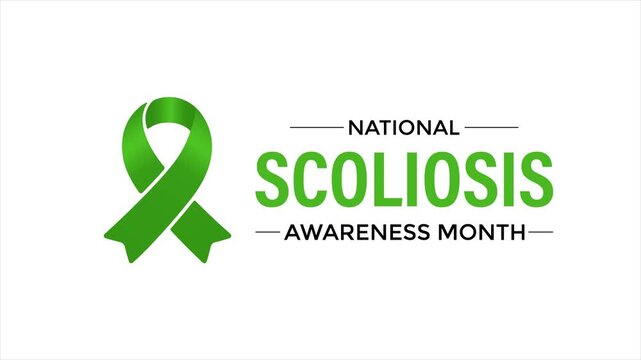 Scoliosis awareness animation featuring spine curvature inside human body silhouette, promoting early detection and medical understanding.  Green ribbon. 4k video animation.