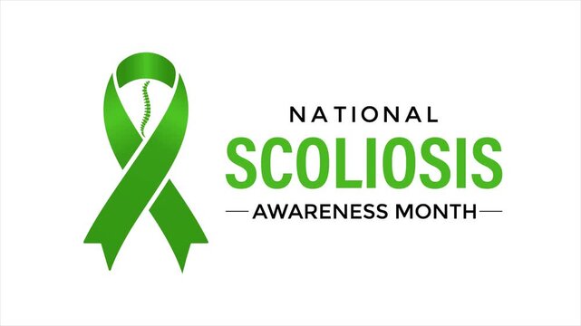 Scoliosis awareness animation featuring spine curvature inside human body silhouette, promoting early detection and medical understanding.  Green ribbon. 4k video animation.