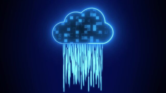 Cloud icon animation with blue neon data rain. Cloud icon digital data storage symbol. Cloud icon technology graphic on black background.