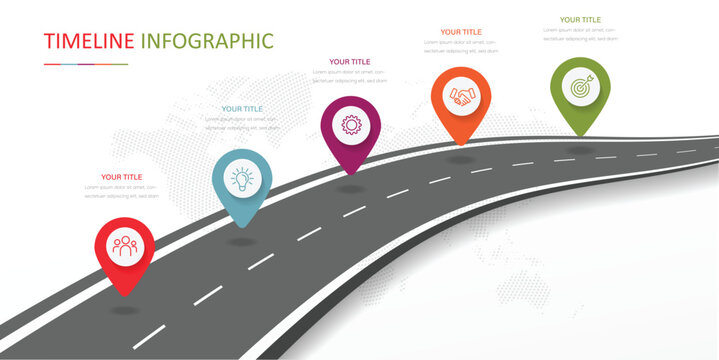 Business roadmap timeline infographic template with pointers designed for city background milestone. Chart with 5 steps, options, processes. Vector illustration